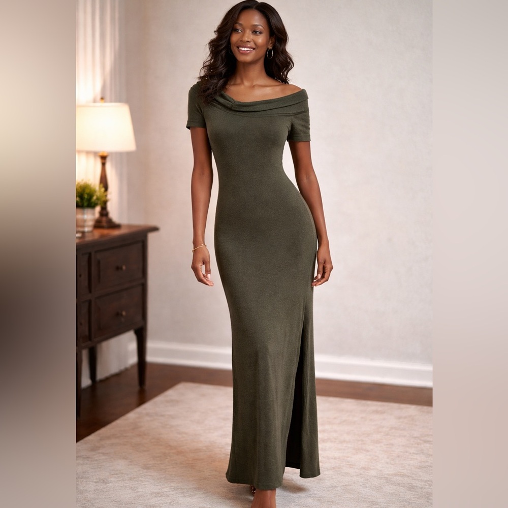 VTG Joseph Ribkoff Olive Knit Dress Sculptural Off-Shoulder Column Gown Size 4